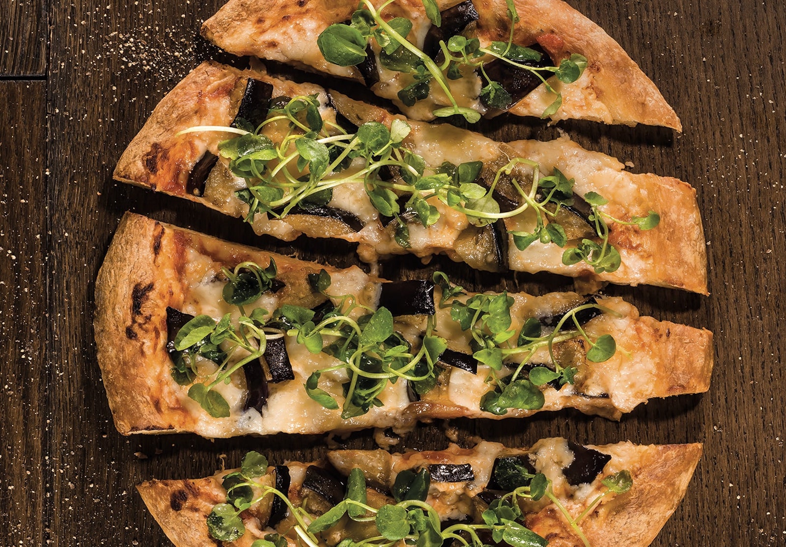 Aubergine, Goats Cheese and Watercress Pizza